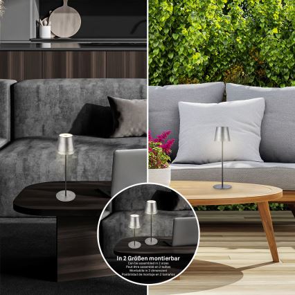 Brilo - ściemniana, ładowalna, dotykowa lampa stołowa do użytku zewnętrznego KIKI, LED/2,6W/5V, IP44, 2600 mAh, srebrna