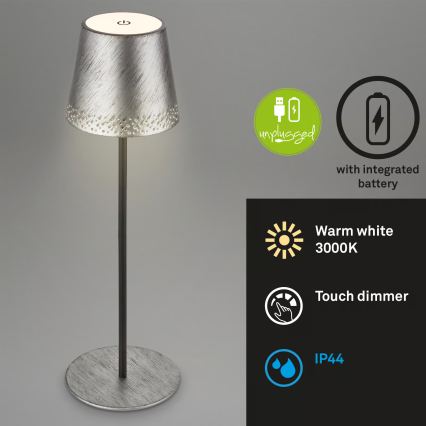 Brilo - ściemniana, ładowalna, dotykowa lampa stołowa do użytku zewnętrznego KIKI, LED/2,6W/5V, IP44, 2600 mAh, srebrna