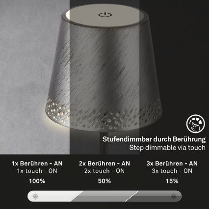 Brilo - ściemniana, ładowalna, dotykowa lampa stołowa do użytku zewnętrznego KIKI, LED/2,6W/5V, IP44, 2600 mAh, srebrna