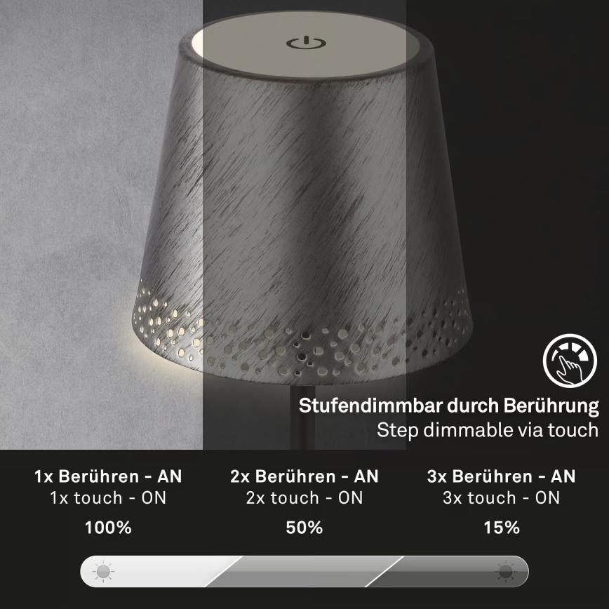 Brilo - ściemniana, ładowalna, dotykowa lampa stołowa do użytku zewnętrznego KIKI, LED/2,6W/5V, IP44, 2600 mAh, srebrna