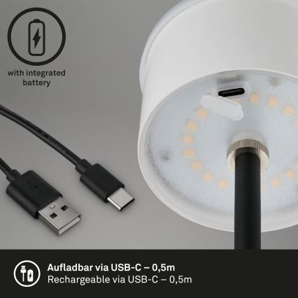 Brilo - ściemniana, ładowalna, dotykowa lampa stołowa do użytku zewnętrznego KIKI, LED/2,6W/5V, IP44, 2600 mAh, srebrna