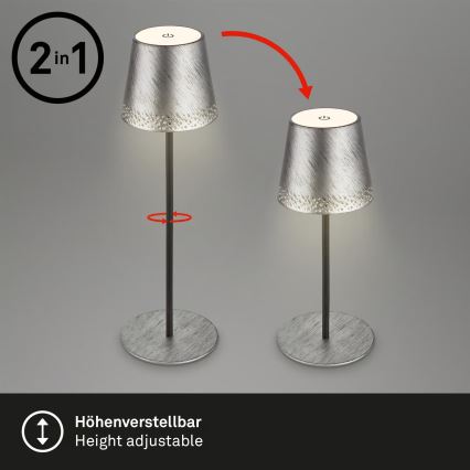 Brilo - ściemniana, ładowalna, dotykowa lampa stołowa do użytku zewnętrznego KIKI, LED/2,6W/5V, IP44, 2600 mAh, srebrna