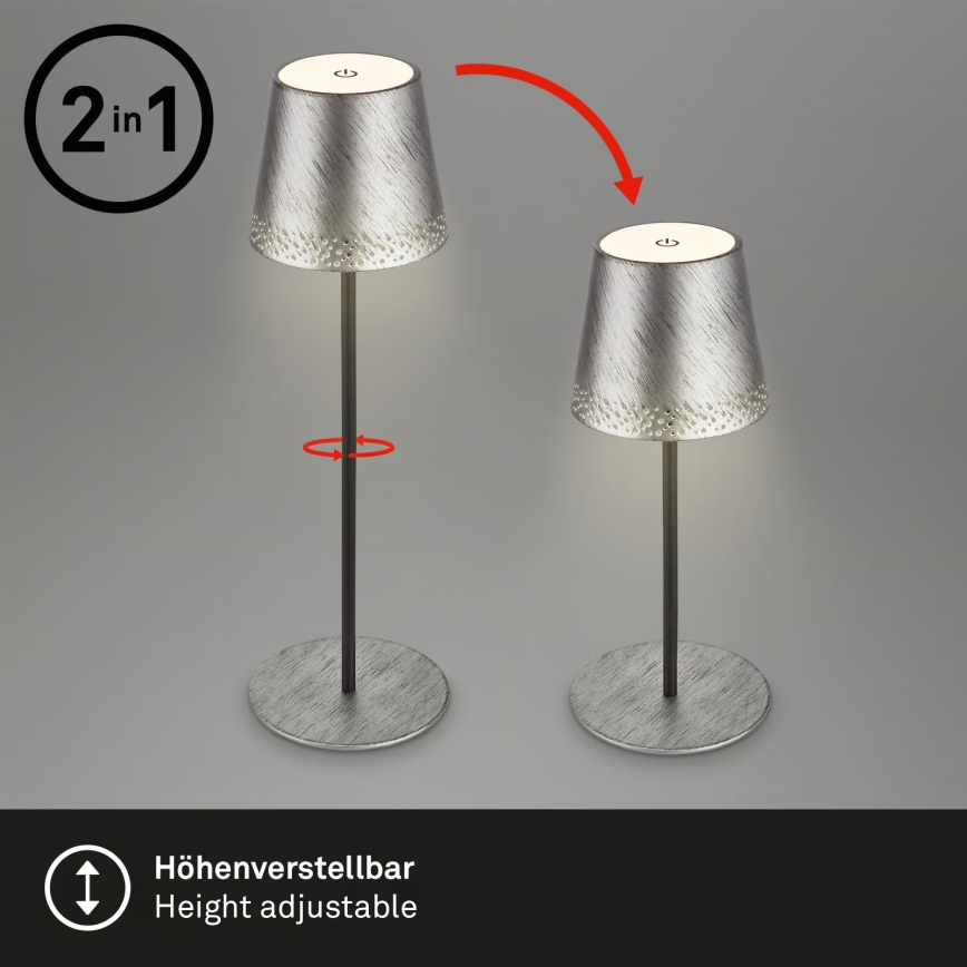 Brilo - ściemniana, ładowalna, dotykowa lampa stołowa do użytku zewnętrznego KIKI, LED/2,6W/5V, IP44, 2600 mAh, srebrna