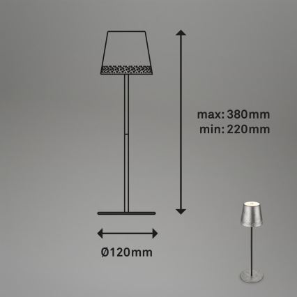 Brilo - ściemniana, ładowalna, dotykowa lampa stołowa do użytku zewnętrznego KIKI, LED/2,6W/5V, IP44, 2600 mAh, srebrna