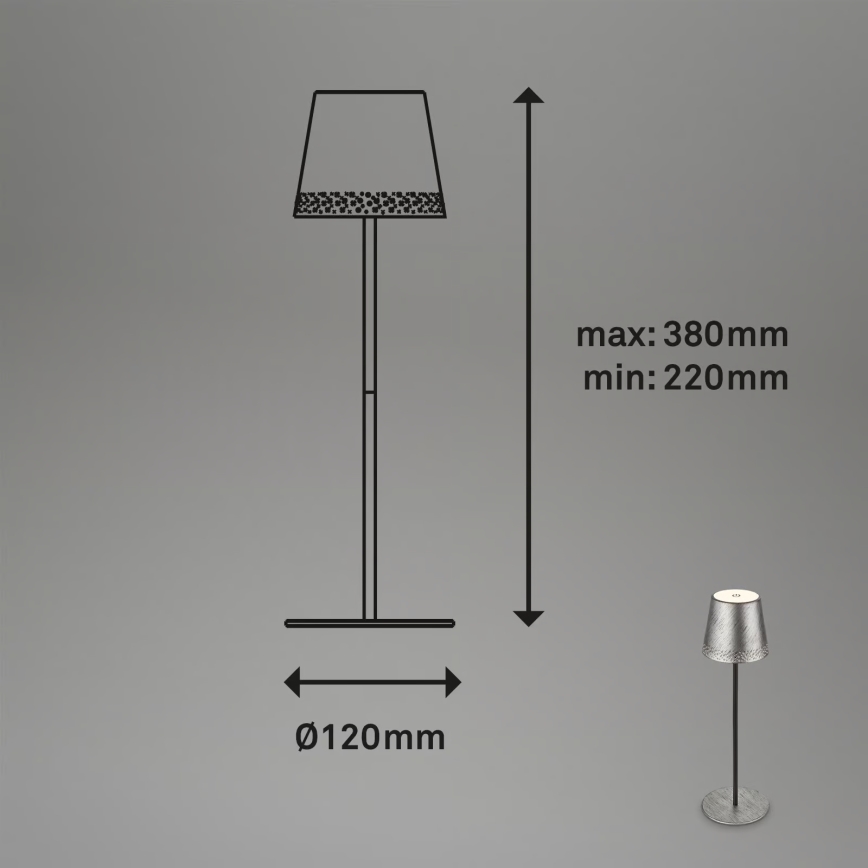 Brilo - ściemniana, ładowalna, dotykowa lampa stołowa do użytku zewnętrznego KIKI, LED/2,6W/5V, IP44, 2600 mAh, srebrna