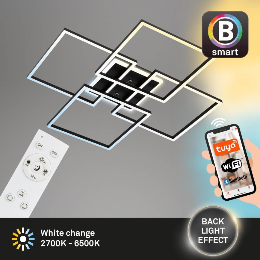 Brilo - LED ściemnialna oprawa sufitowa FRAME LED/50W/230V 2700-6500K 72,4x72,4cm czarna Wi-Fi Tuya + pilot zdalnego sterowania