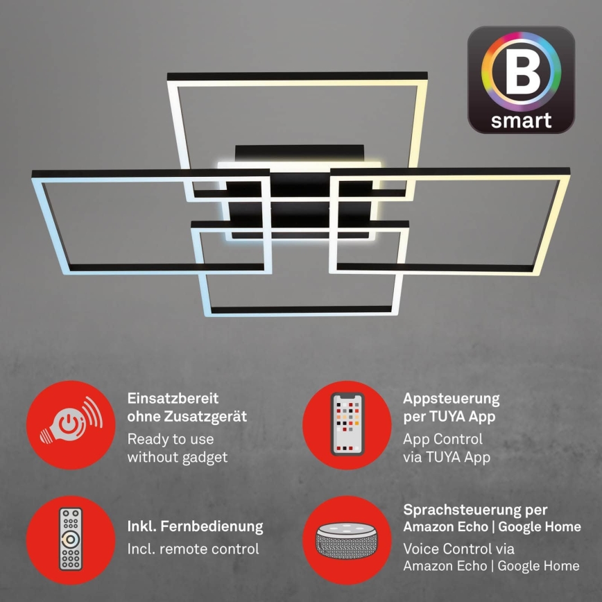 Brilo - LED ściemnialna oprawa sufitowa FRAME LED/50W/230V 2700-6500K 72,4x72,4cm czarna Wi-Fi Tuya + pilot zdalnego sterowania