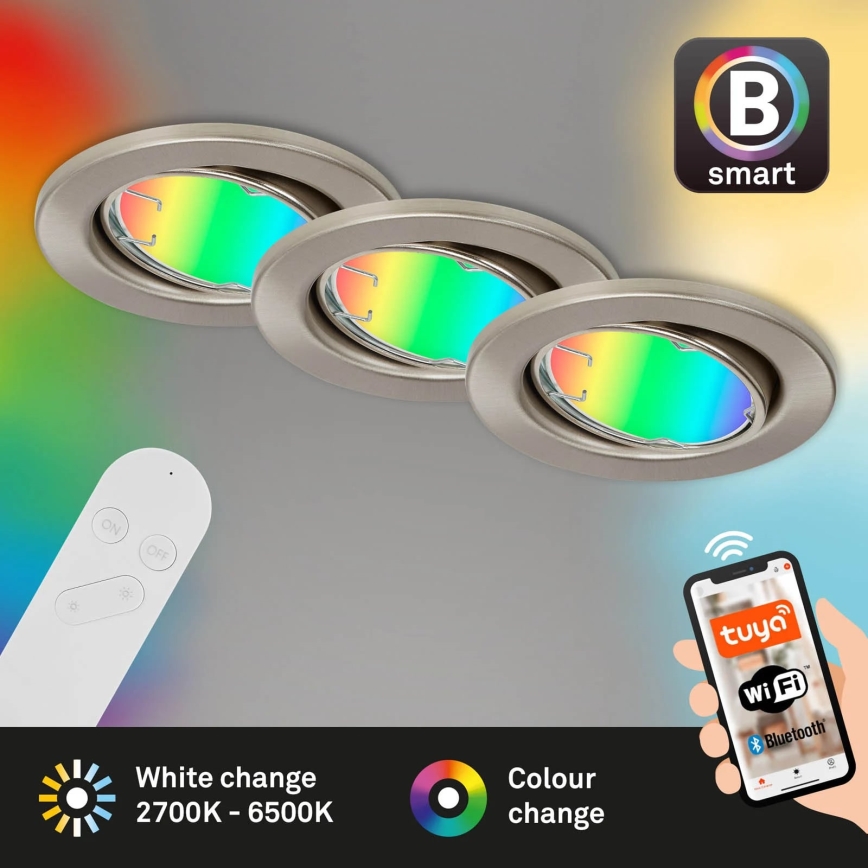 Brilo - ZESTAW 3x LED RGBW Ściemnialne oświetlenie łazienkowe 1xGU10/4,9W/230V 2700-6500K Wi-Fi Tuya IP23 + pilot zdalnego sterowania