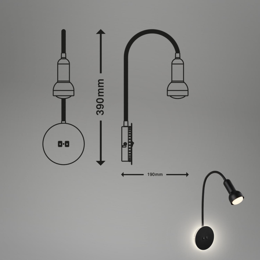Briloner 2178015 - Elastyczna lampa ścienna LED 1xE14/10W/230V + LED/3W czarna