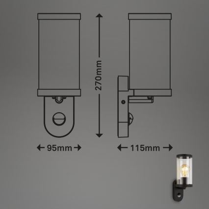 Briloner 3628-015 - Kinkiet zewnętrzny z czujnikiem KAIRO 1xE27/12W/230V czarny