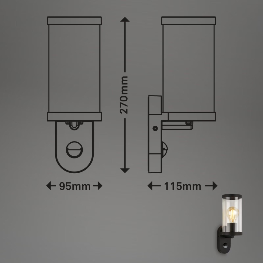 Briloner 3628-015 - Kinkiet zewnętrzny z czujnikiem KAIRO 1xE27/12W/230V czarny