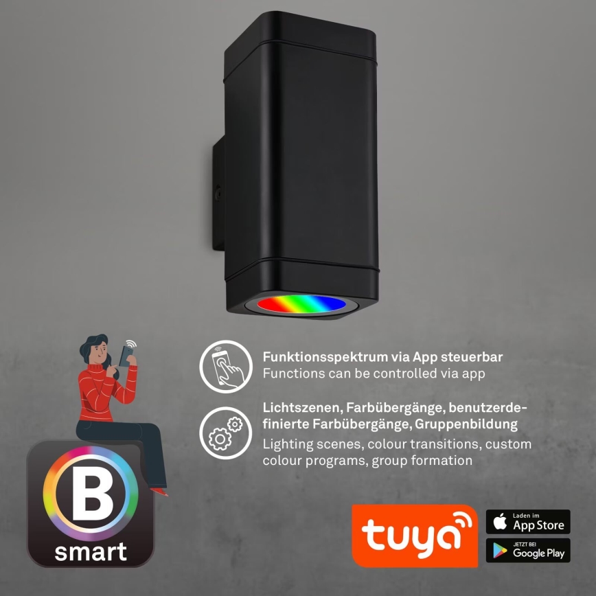 Briloner 3675-025 - LED RGBW Ściemnialny kinkiet zewnętrzny 2xLED/8,5W/230V 3000-6500K Wi-Fi Tuya IP44 czarny