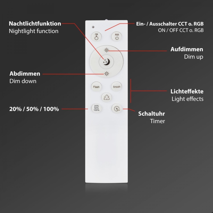 Briloner 3709-016 - Ściemnialna lampa sufitowa RGBW LED/22W/230V 4000K śr. 38 cm biały + zdalne sterowanie