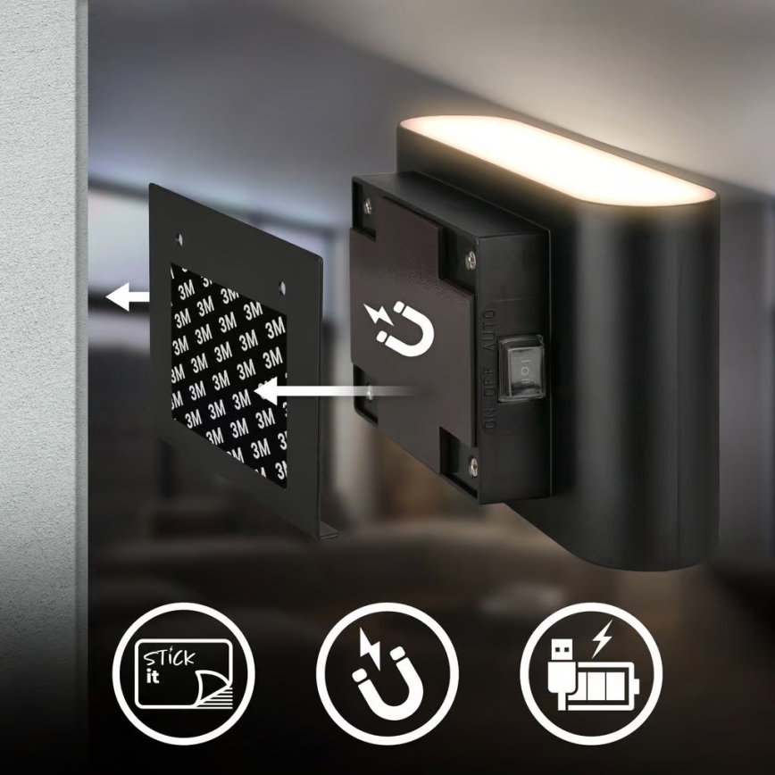 Briloner 3878015 - Ładowalny kinkiet LED z czujnikiem ruchu i zmierzchu CHAT, LED/3W/5V, 2000 mAh, czarny