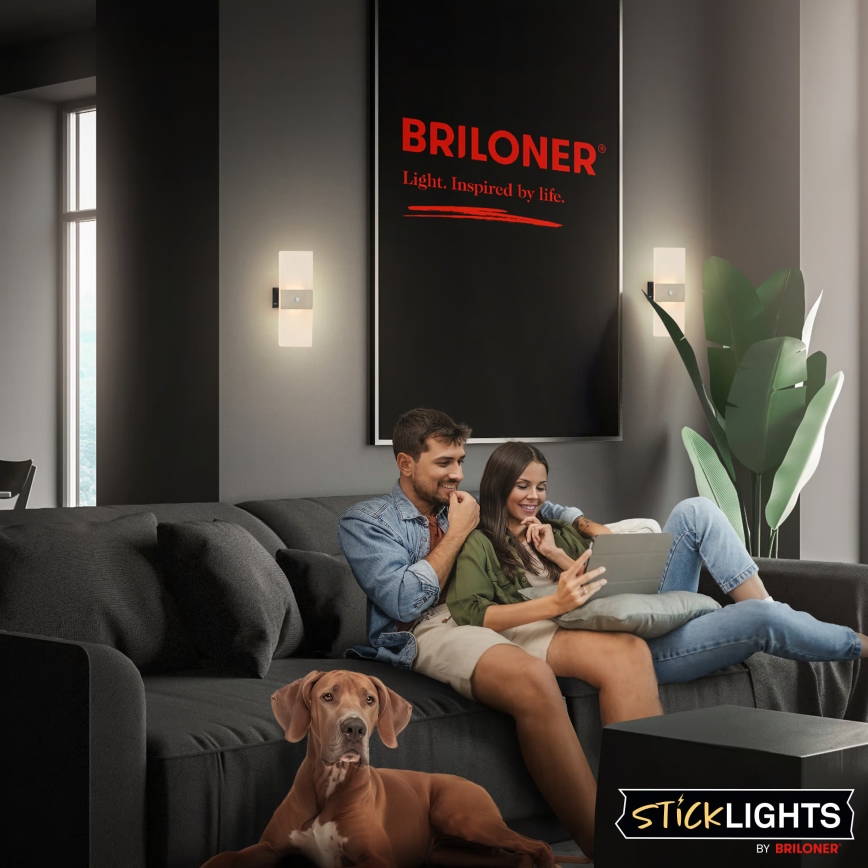 Briloner 3888012 - Ładowalna lampa ścienna z czujnikiem ruchu i zmierzchu AURA LED/2,5W/5V 1800 mAh matowy chrom