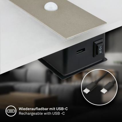 Briloner 3888012 - Ładowalna lampa ścienna z czujnikiem ruchu i zmierzchu AURA LED/2,5W/5V 1800 mAh matowy chrom