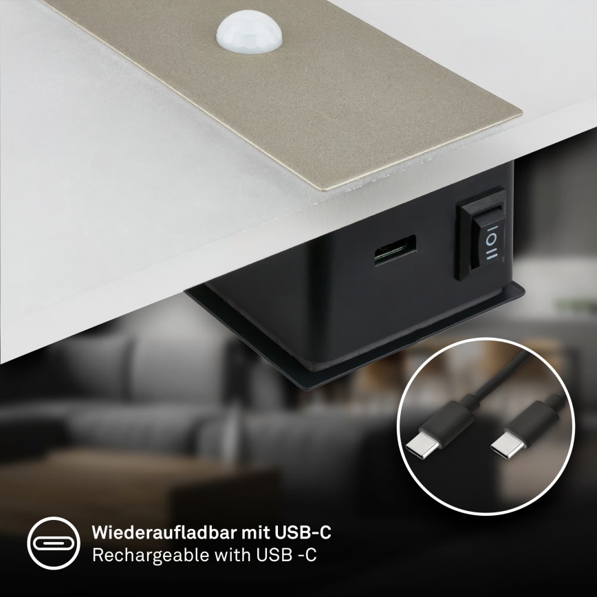 Briloner 3888012 - Ładowalna lampa ścienna z czujnikiem ruchu i zmierzchu AURA LED/2,5W/5V 1800 mAh matowy chrom