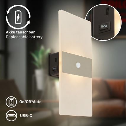 Briloner 3888012 - Ładowalna lampa ścienna z czujnikiem ruchu i zmierzchu AURA LED/2,5W/5V 1800 mAh matowy chrom