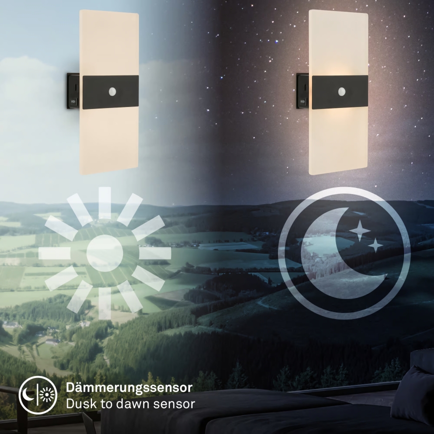 Briloner 3888015 - Ładowalna lampa ścienna LED z czujnikiem ruchu i zmierzchu AURA LED/2,5W/5V 1800 mAh czarna