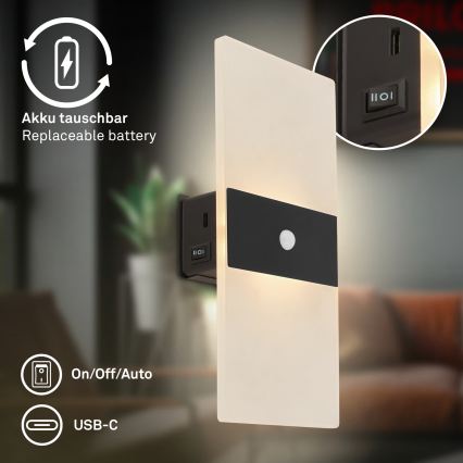 Briloner 3888015 - Ładowalna lampa ścienna LED z czujnikiem ruchu i zmierzchu AURA LED/2,5W/5V 1800 mAh czarna