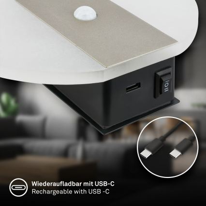 Briloner 3889012 - LED Kinkiet ładowalny z czujnikiem ruchu i zmierzchu TARO LED/2,5W/5V 1800 mAh matowy chrom