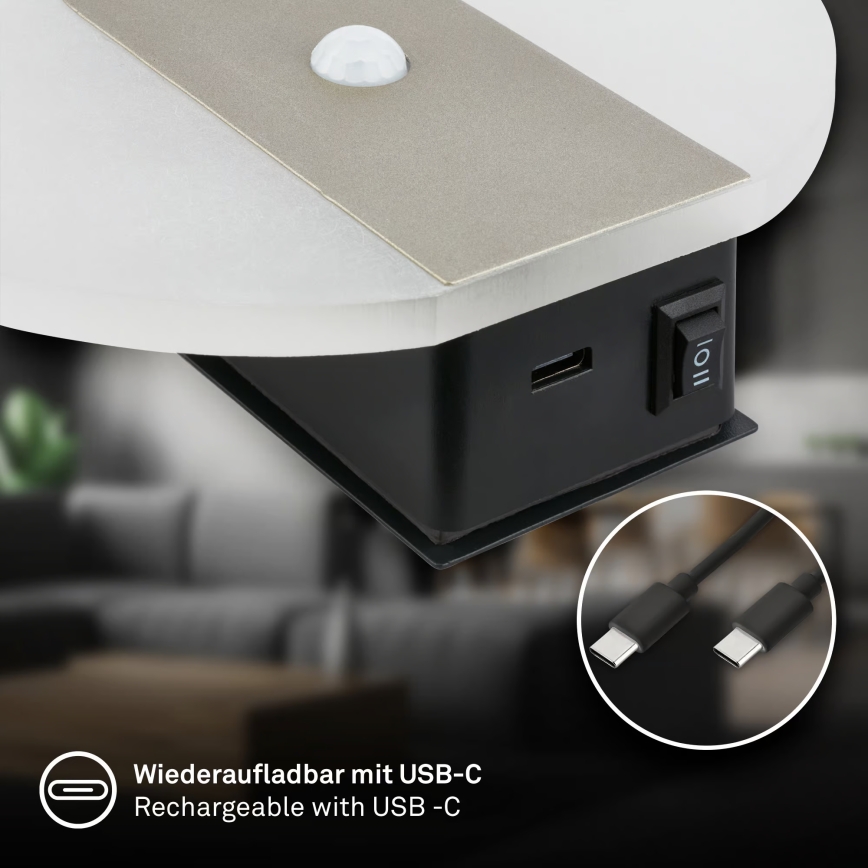 Briloner 3889012 - LED Kinkiet ładowalny z czujnikiem ruchu i zmierzchu TARO LED/2,5W/5V 1800 mAh matowy chrom