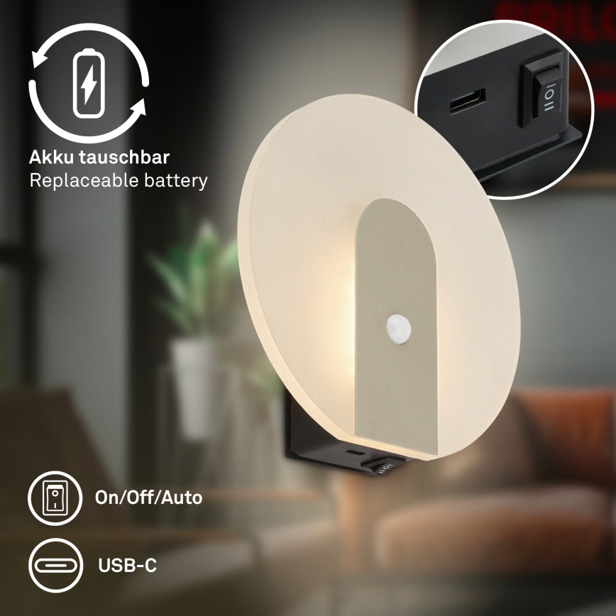 Briloner 3889012 - LED Kinkiet ładowalny z czujnikiem ruchu i zmierzchu TARO LED/2,5W/5V 1800 mAh matowy chrom