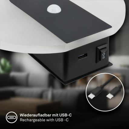 Briloner 3889015 - LED Ładowalna lampa ścienna z czujnikiem ruchu i zmierzchu TARO LED/2,5W/5V 1800 mAh czarna
