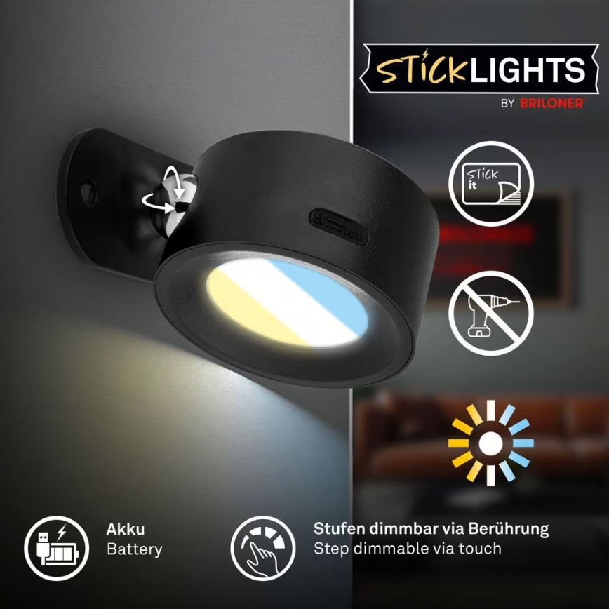 Briloner 3896015 - LED ściemnialny, ładowalny kinkiet TARI LED/1,6W/5V 1500 mAh czarny