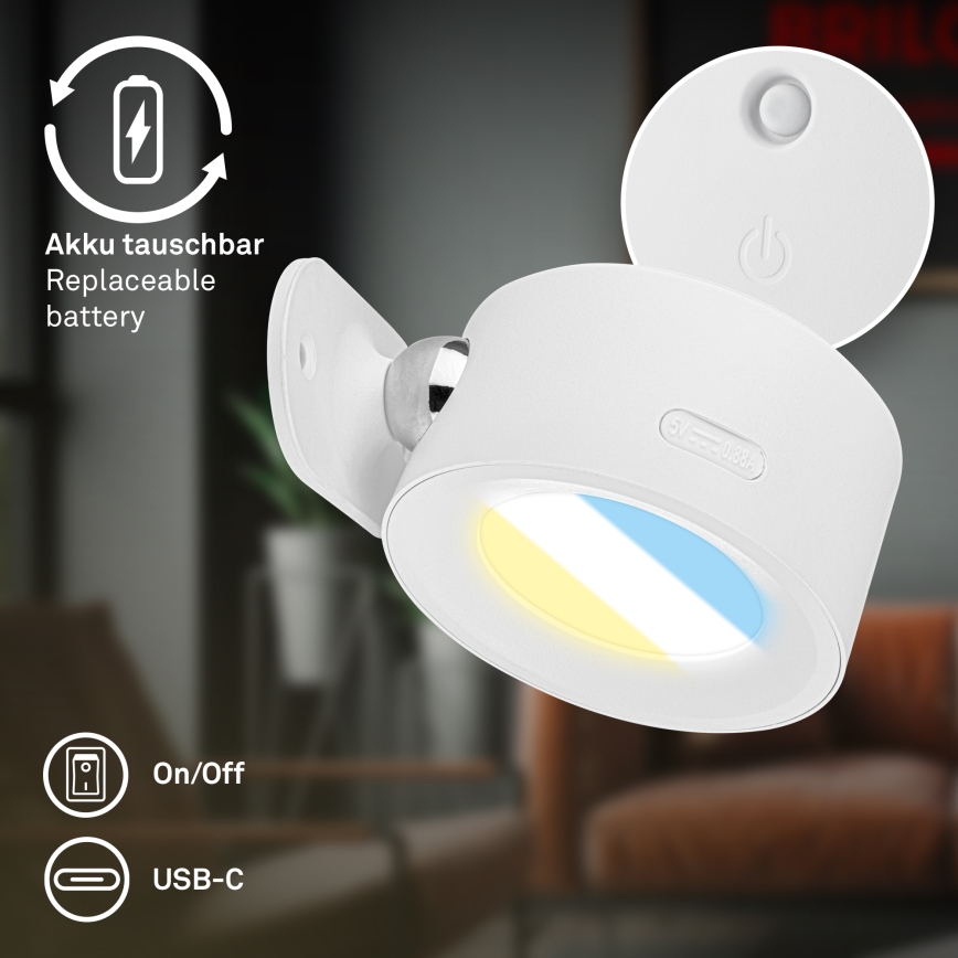 Briloner 3896016 - ściemnialny ładowalny kinkiet LED TARI LED/1,6W/5V 1500 mAh biały