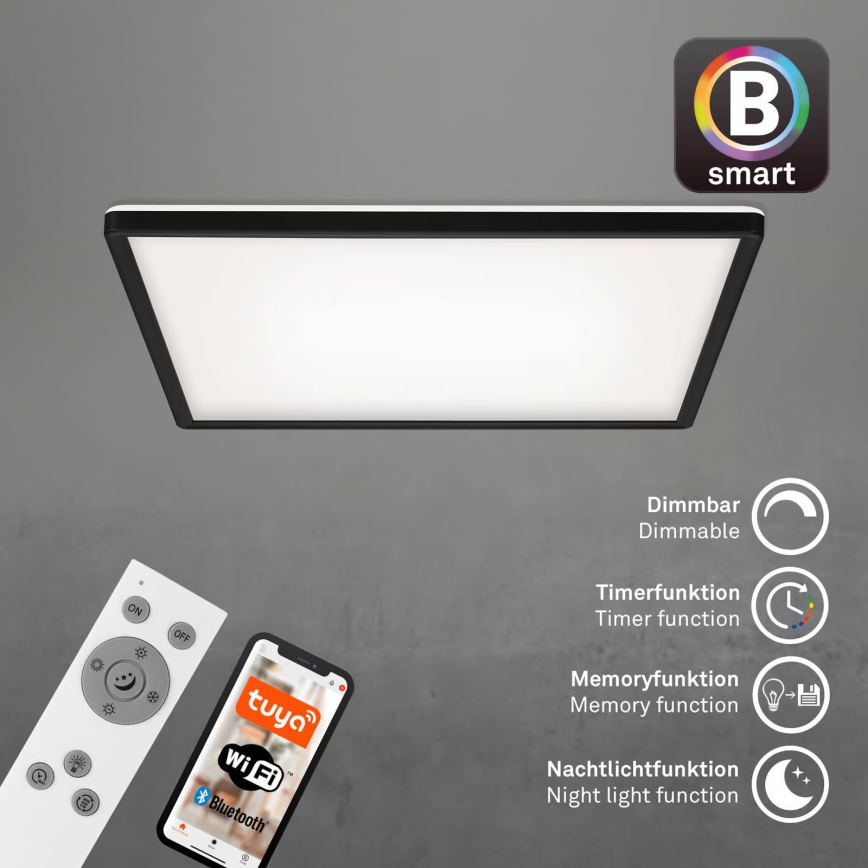 Briloner 7060-015 - LED ściemnialny przysufitowy panel SLIM LED/22W/230V 2700-6500K 42x42 cm czarny Wi-Fi Tuya + zdalne sterowanie