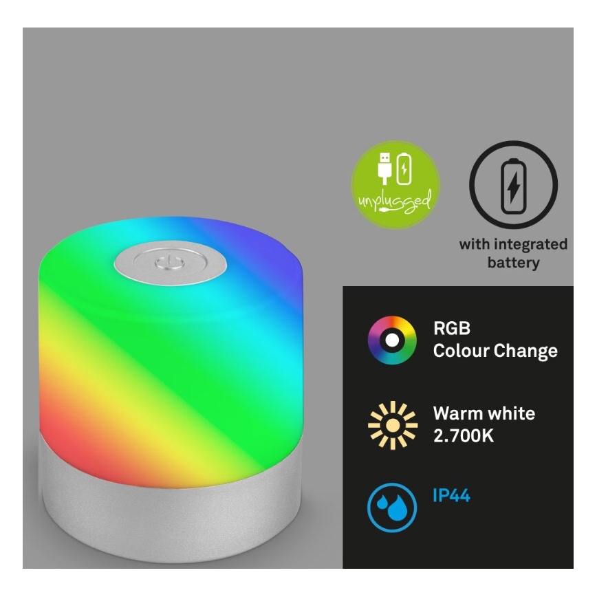 Briloner 7462014 - LED RGB akumulatorowy zewnętrzna lampa stołowa LED/1,5W/5V IP44 1200 mAh matowy chrom