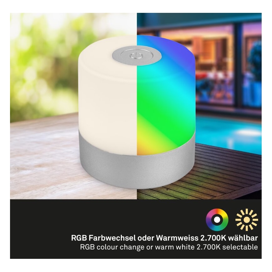 Briloner 7462014 - LED RGB ładowalna lampa stołowa zewnętrzna LED/1,5W/5V IP44 1200 mAh matowy chrom