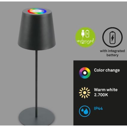 Briloner 7507015 - LED RGB Ściemnialna ładowalna zewnętrzna lampa stołowa 2w1 LED/2,5W/5V IP44 antracyt