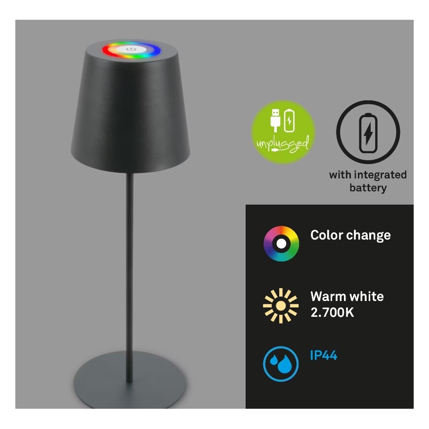 Briloner 7507015 - LED RGB Ściemnialna ładowalna zewnętrzna lampa stołowa 2w1 LED/2,5W/5V IP44 antracyt