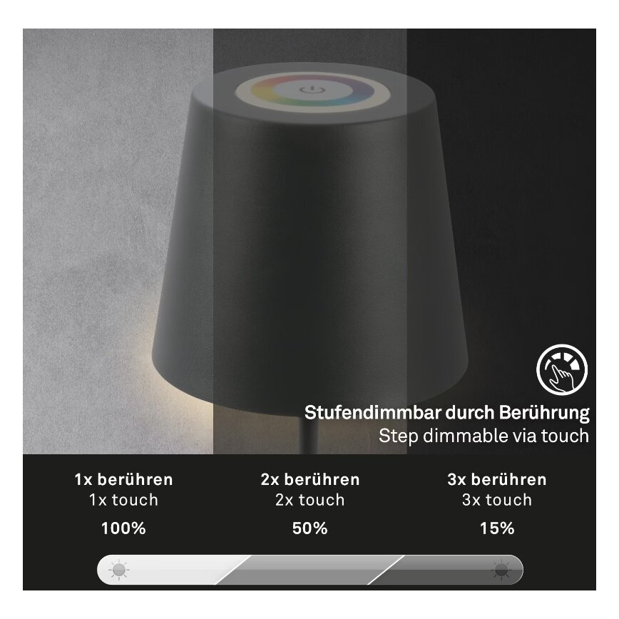 Briloner 7507015 - LED RGB Ściemnialna ładowalna zewnętrzna lampa stołowa 2w1 LED/2,5W/5V IP44 antracyt