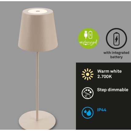 Briloner 7508011 - Ładowalna, ściemniana zewnętrzna lampka stołowa 2 w 1 LED, 2,5W/5V, IP44, 1200 mAh, beżowa