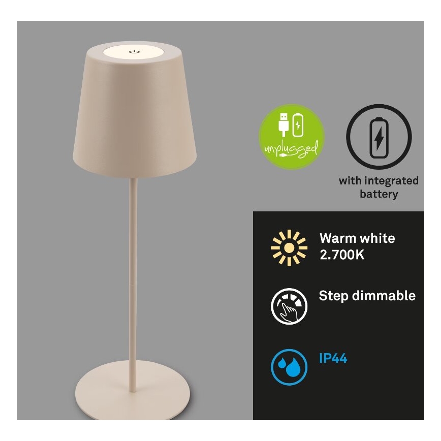 Briloner 7508011 - Ładowalna, ściemniana zewnętrzna lampka stołowa 2 w 1 LED, 2,5W/5V, IP44, 1200 mAh, beżowa