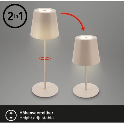 Briloner 7508011 - Ładowalna, ściemniana zewnętrzna lampka stołowa 2 w 1 LED, 2,5W/5V, IP44, 1200 mAh, beżowa