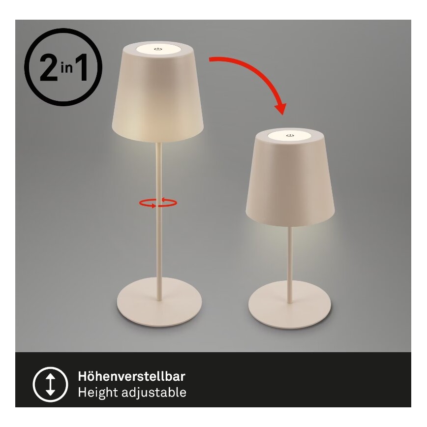 Briloner 7508011 - Ładowalna, ściemniana zewnętrzna lampka stołowa 2 w 1 LED, 2,5W/5V, IP44, 1200 mAh, beżowa
