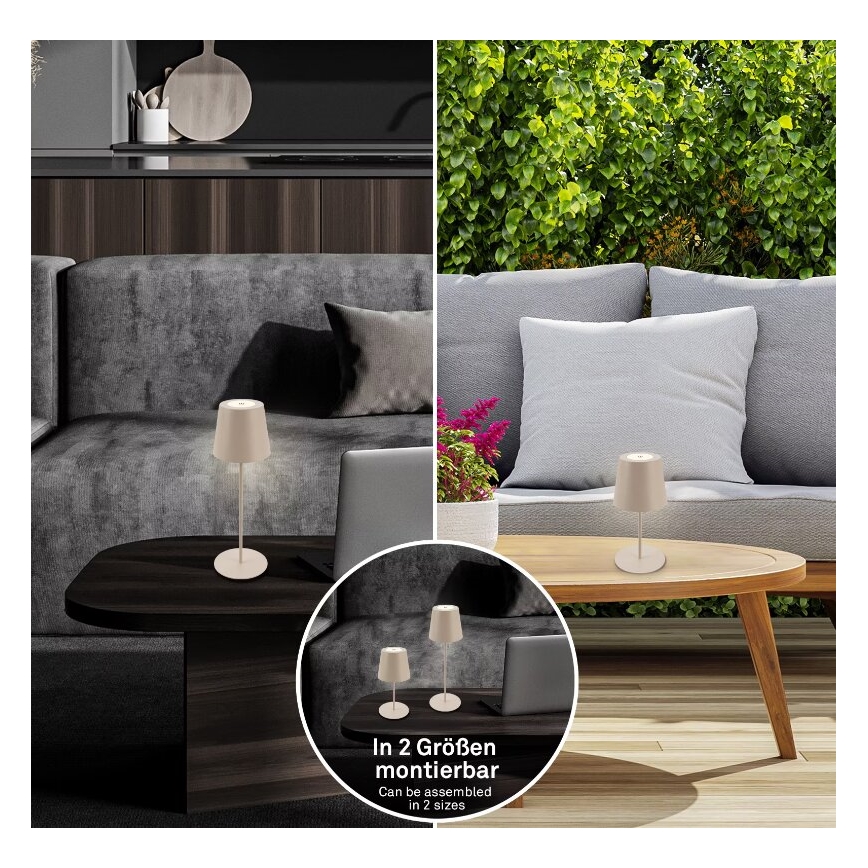 Briloner 7508011 - Ładowalna, ściemniana zewnętrzna lampka stołowa 2 w 1 LED, 2,5W/5V, IP44, 1200 mAh, beżowa