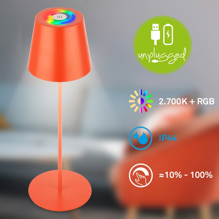 Briloner 7510012 - LED RGBW ściemnialna zewnętrzna ładowalna lampka stołowa CALIDA LED/2,5W/5V IP44 1200 mAh pomarańczowa