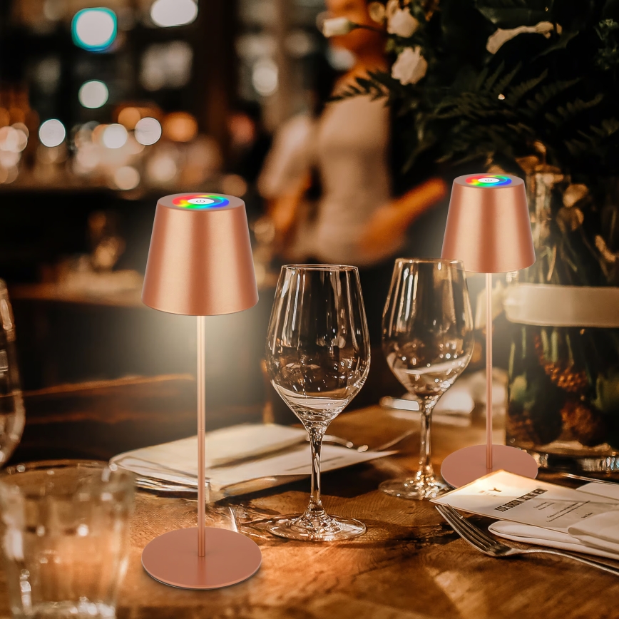 Briloner 7510013 - Ściemnialna, ładowalna zewnętrzna lampa stołowa LED RGBW CALIDA, 2,5 W / 5 V, IP44, 1200 mAh, brązowa