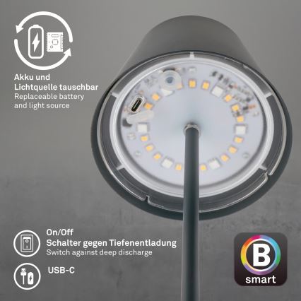 Briloner 7559015 - LED RGB ściemnialna ładowalna zewnętrzna lampa stołowa COLORIS LED/3,5W/5V IP44 2000 mAh antracyt Wi-Fi Tuya