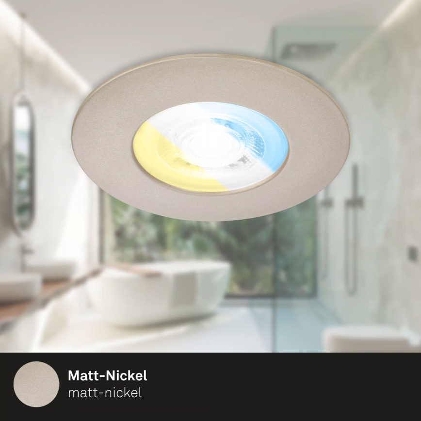 Briloner 7605032 - Zestaw 3 opraw sufitowych LED wpuszczanych do łazienki, 4,9 W, 230 V, 2700/4000/6500 K, IP44, matowy chrom