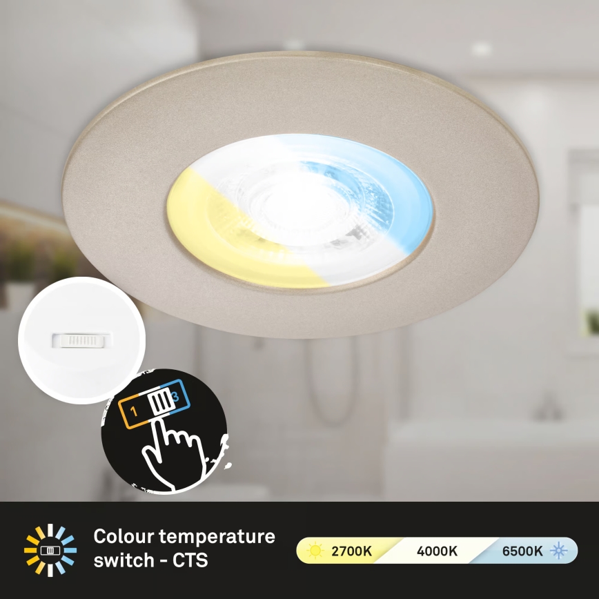 Briloner 7605032 - Zestaw 3 opraw sufitowych LED wpuszczanych do łazienki, 4,9 W, 230 V, 2700/4000/6500 K, IP44, matowy chrom