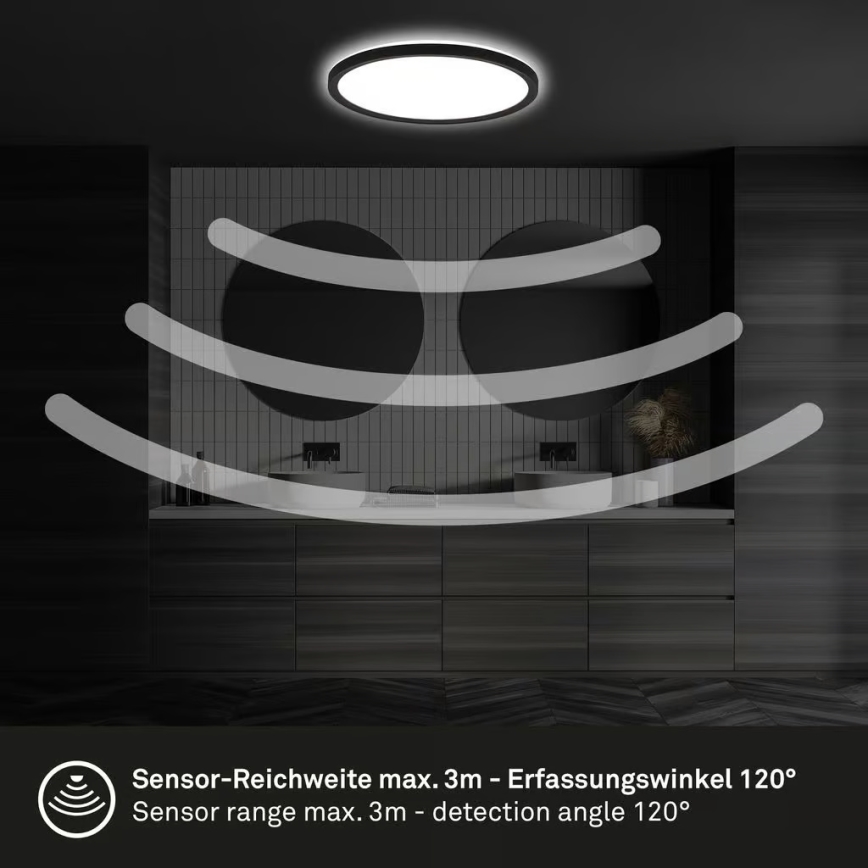 Briloner - LED lampa sufitowa do łazienki z czujnikiem ruchu MOVE LED/18W/230V IP44 śr. 29 cm czarna