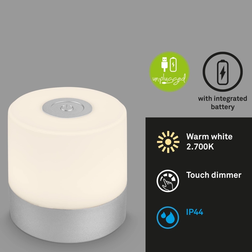 Briloner - ściemnialna, ładowalna, dotykowa lampa stołowa zewnętrzna LED/2W/5V 2700K IP44 1200 mAh matowy chrom