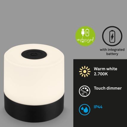 Briloner - Zewnętrzna, ładowalna lampa stołowa LED z dotykowym sterowaniem, ściemnialna, 2W/5V, 2700K, IP44, 1200 mAh, czarna