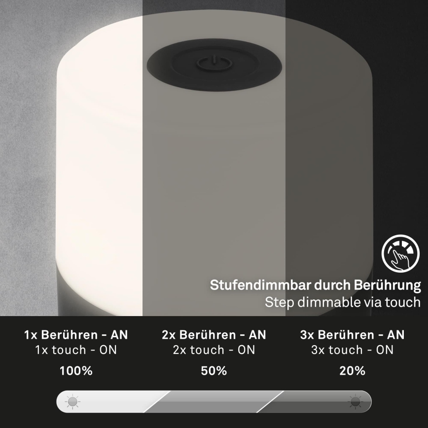 Briloner - Zewnętrzna, ładowalna lampa stołowa LED z dotykowym sterowaniem, ściemnialna, 2W/5V, 2700K, IP44, 1200 mAh, czarna